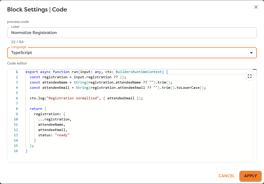 A TypeScript Code block using BuildersRuntimeContext and structured runtime logging