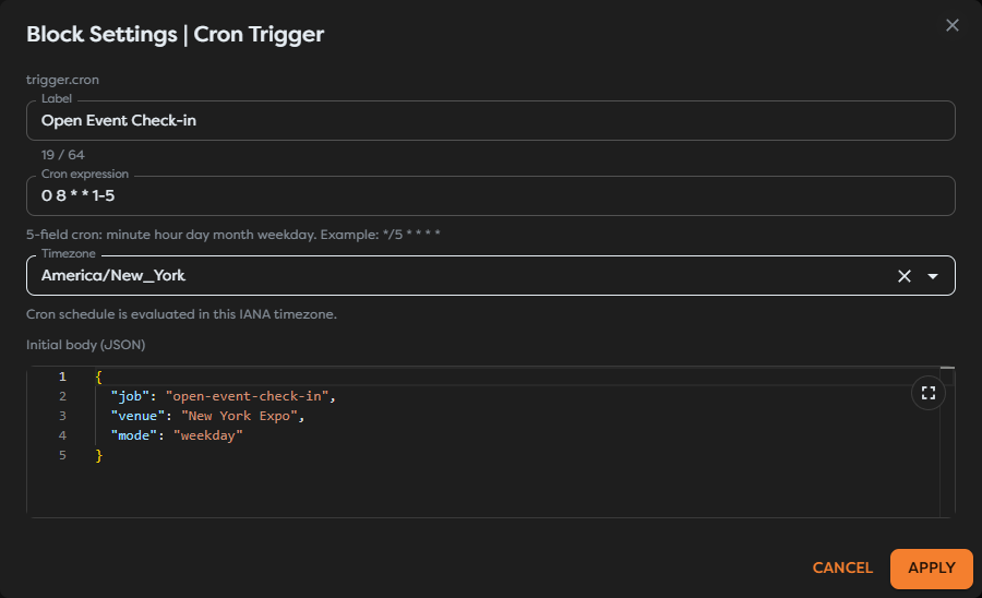A Cron Trigger configured for weekday event check-in in New York