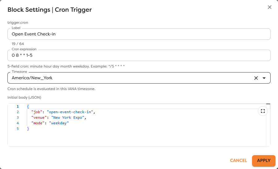 A Cron Trigger configured for weekday event check-in in New York