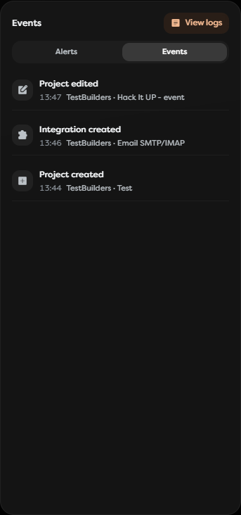 The dashboard Events tab with recent workflow and resource changes