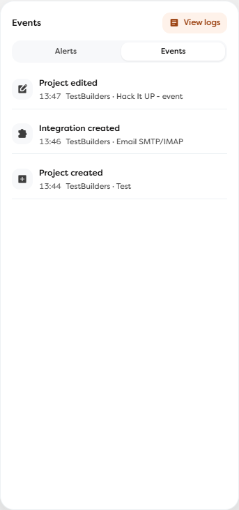 The dashboard Events tab with recent workflow and resource changes