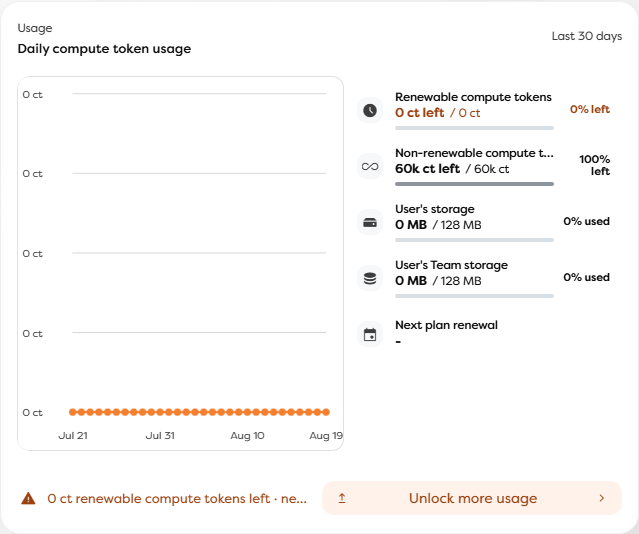 The dashboard Usage panel with compute-token and storage summaries