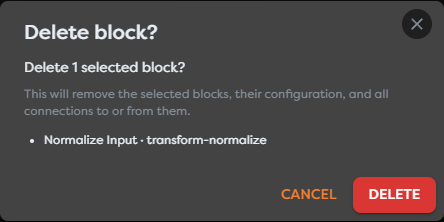 The confirmation shown before deleting a block and its connections