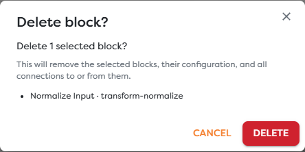The confirmation shown before deleting a block and its connections