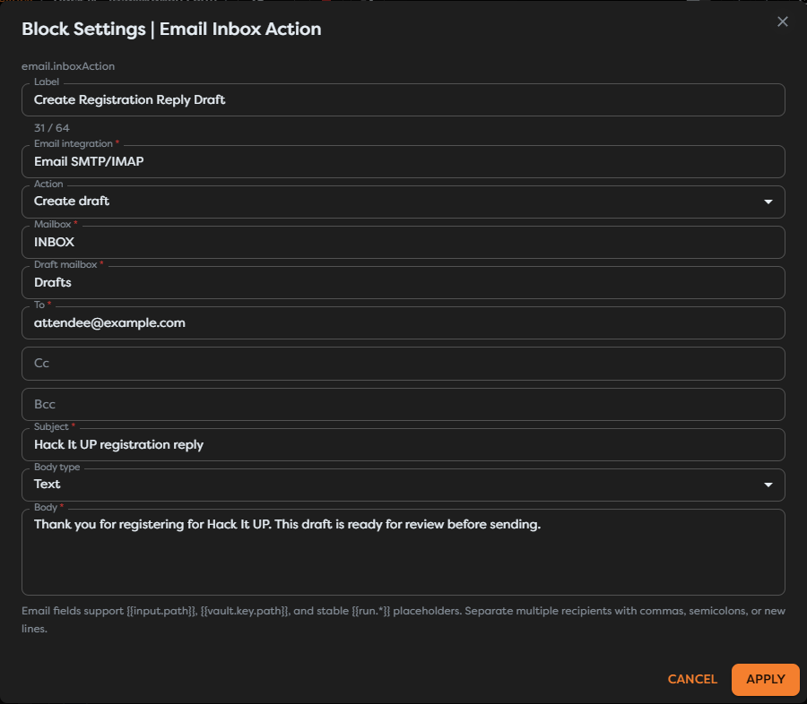 Email Inbox Action configured to create a registration reply draft