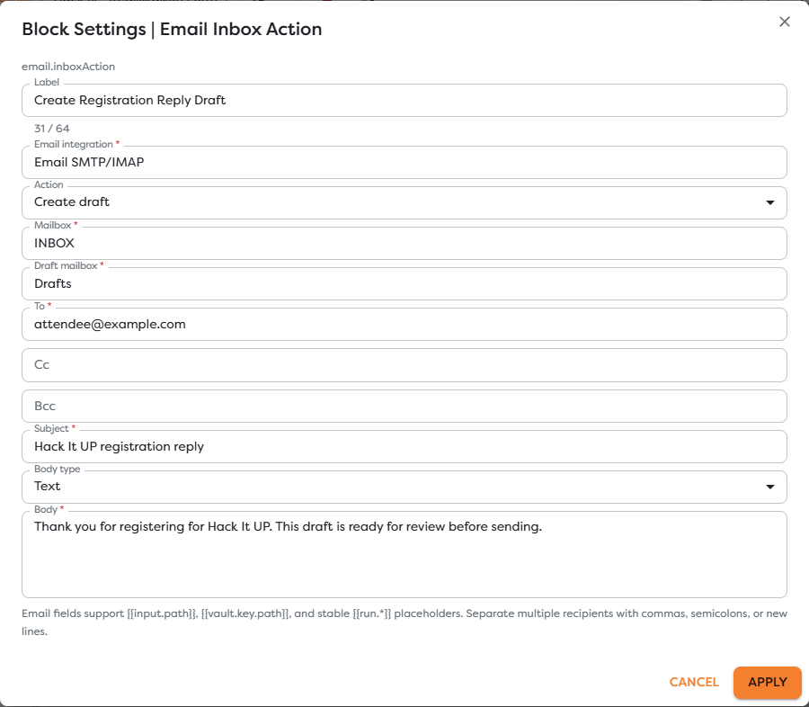 Email Inbox Action configured to create a registration reply draft