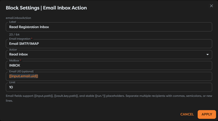 Email Inbox Action configured to read the registration inbox