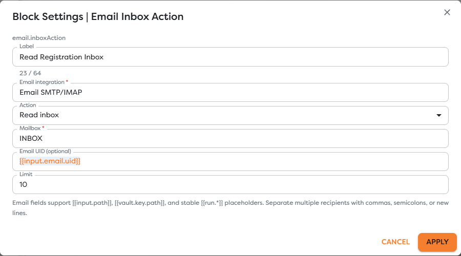 Email Inbox Action configured to read the registration inbox