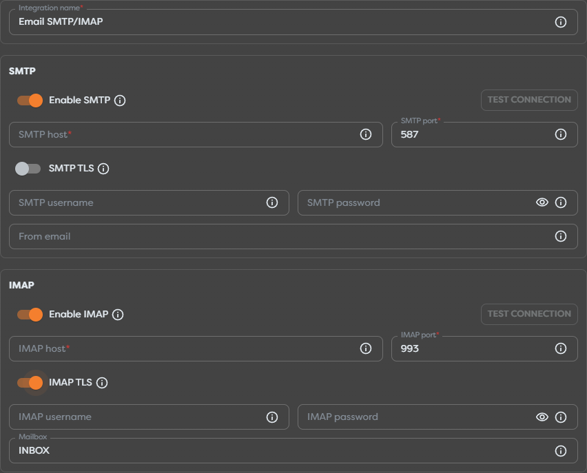 The independent SMTP and IMAP sections in an Email SMTP/IMAP integration