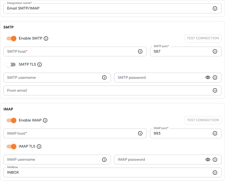 The independent SMTP and IMAP sections in an Email SMTP/IMAP integration