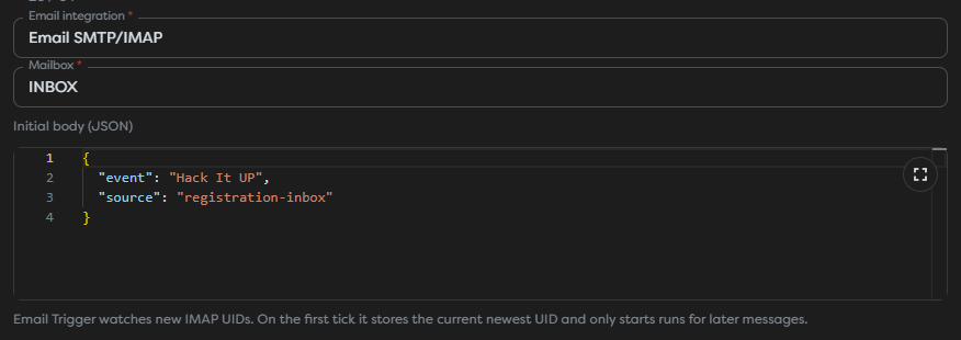 Email Trigger configured with an inbox integration, INBOX, and stable initial metadata