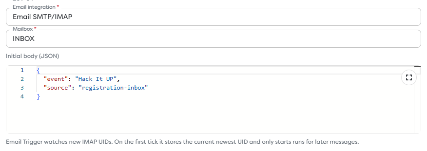 Email Trigger configured with an inbox integration, INBOX, and stable initial metadata