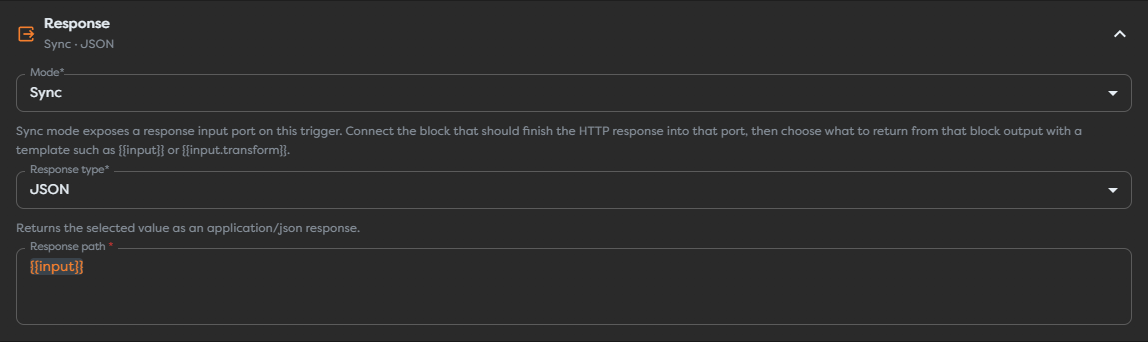 Synchronous JSON response settings using the final block output