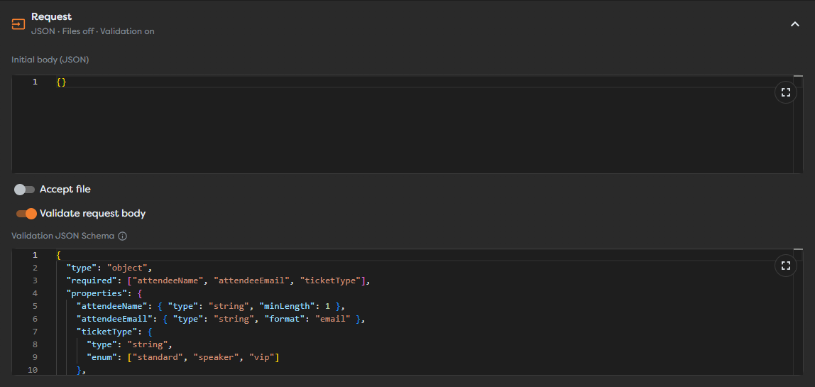 JSON Schema validation enabled for the event registration request