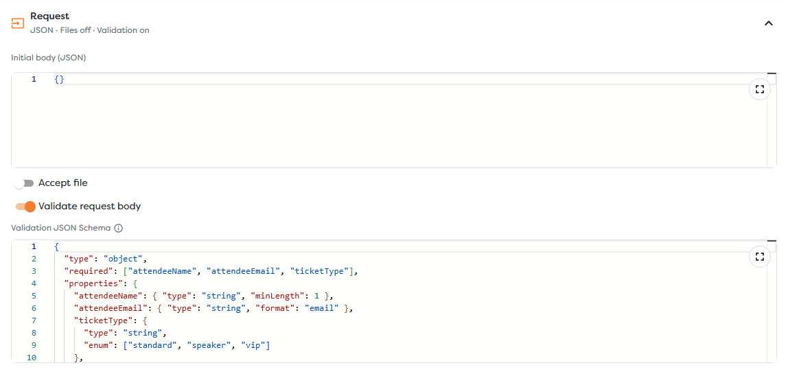 JSON Schema validation enabled for the event registration request