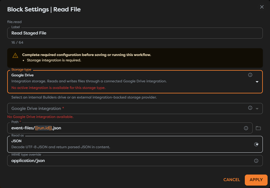 A File block requiring an active Google Drive integration