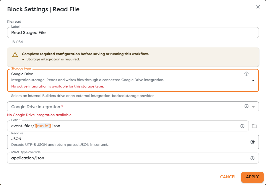 A File block requiring an active Google Drive integration