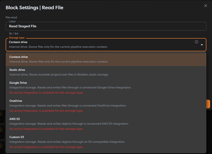 The storage type selector with internal drives and integration-backed providers