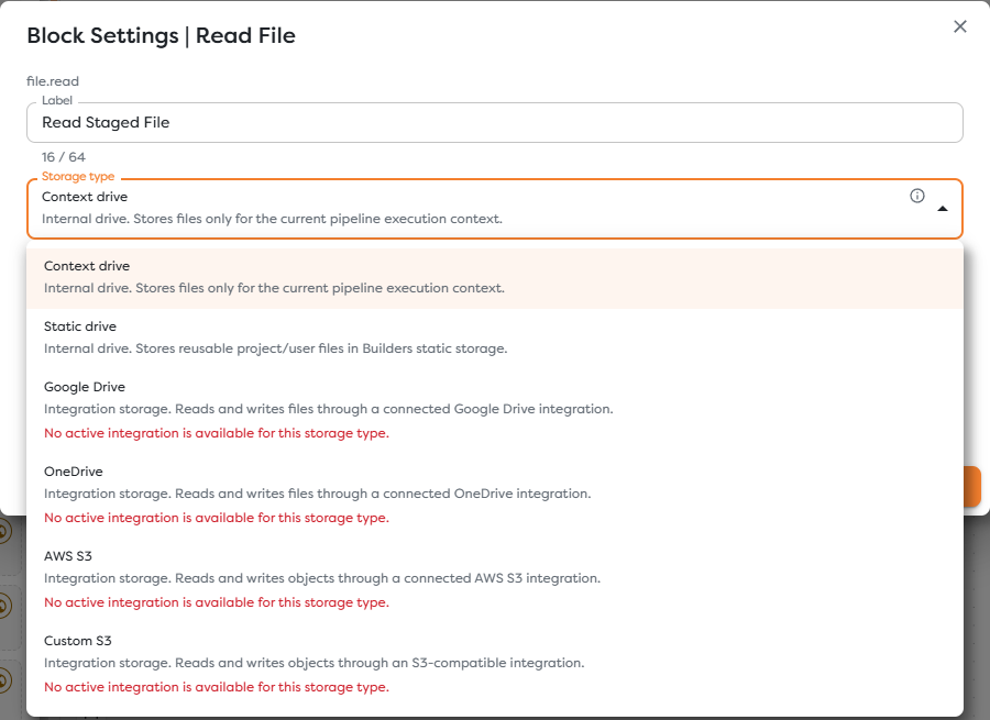 The storage type selector with internal drives and integration-backed providers