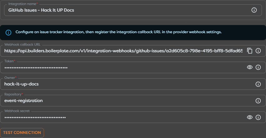 A GitHub Issues integration configuration used by issue blocks