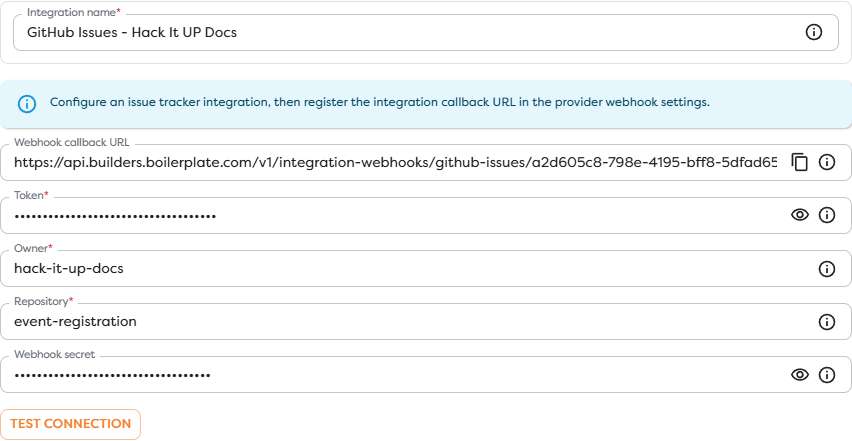 A GitHub Issues integration configuration used by issue blocks