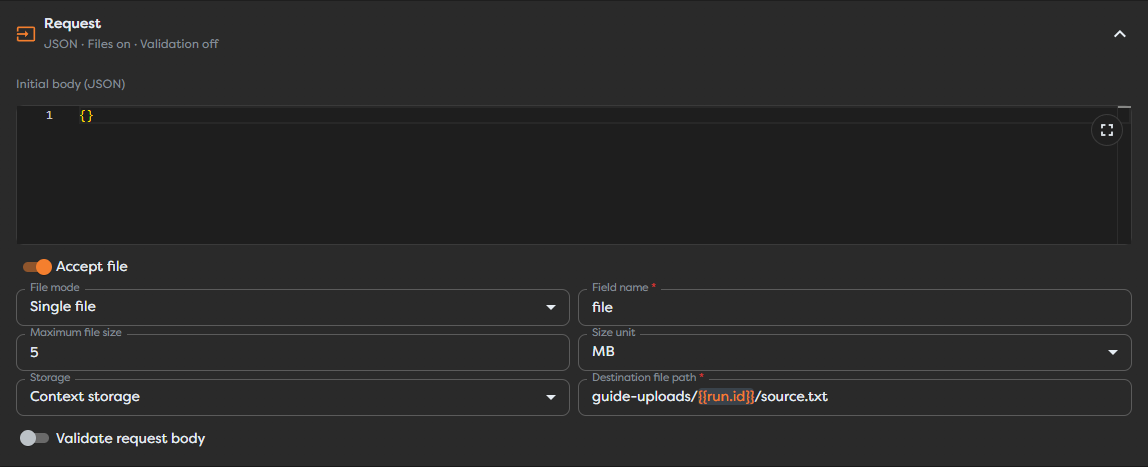 Endpoint Trigger request settings for one multipart text upload stored in Context Drive