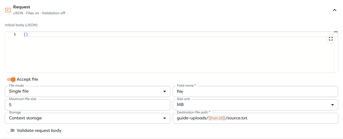 Endpoint Trigger request settings for one multipart text upload stored in Context Drive