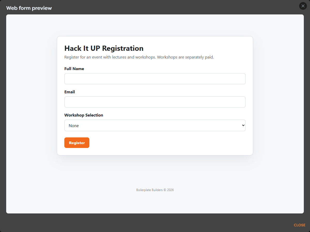 The Hack It UP registration form with name, email, and workshop fields