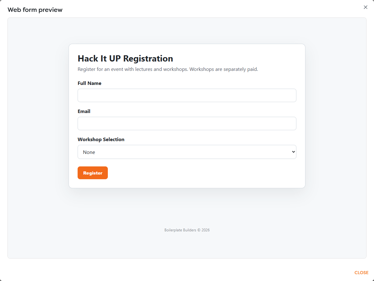 The Hack It UP registration form with name, email, and workshop fields