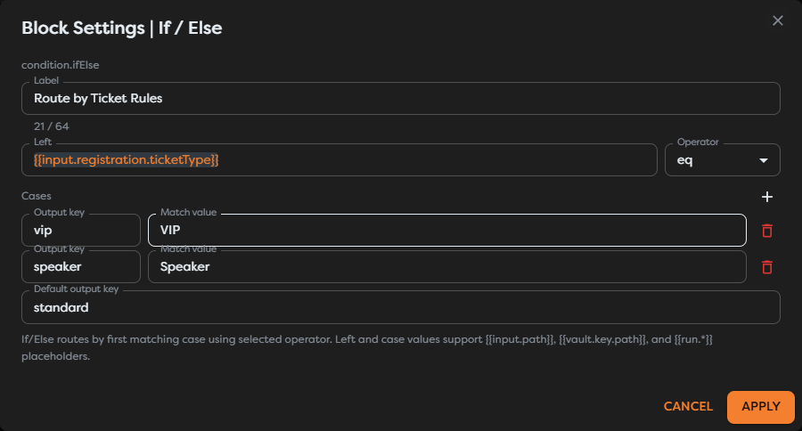 If Else settings with VIP and speaker cases and a standard default