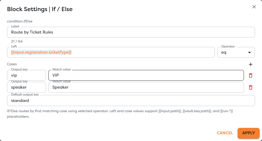 If Else settings with VIP and speaker cases and a standard default