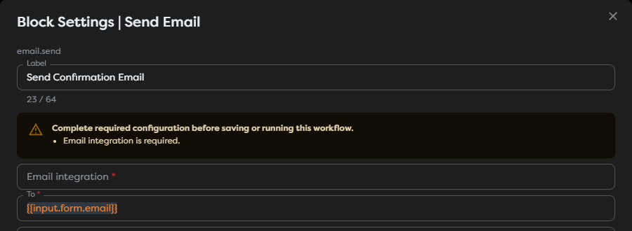 An imported Send Email block requiring its destination integration to be selected