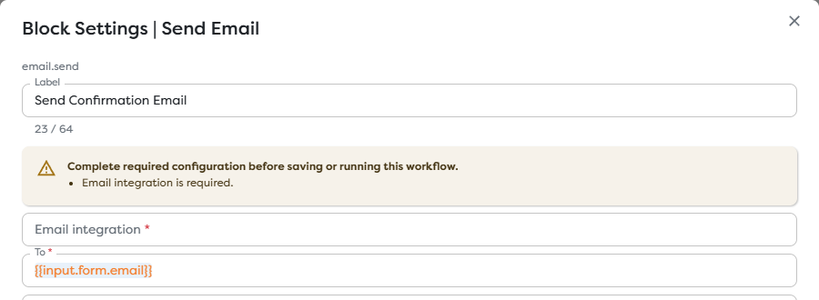 An imported Send Email block requiring its destination integration to be selected