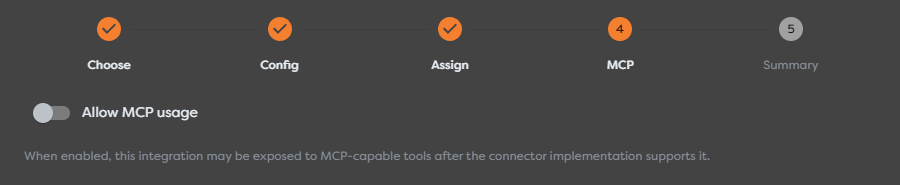 The MCP step with Allow MCP usage disabled and its connector-support notice