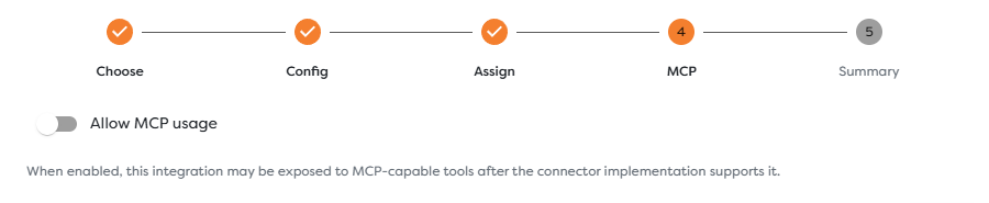 The MCP step with Allow MCP usage disabled and its connector-support notice
