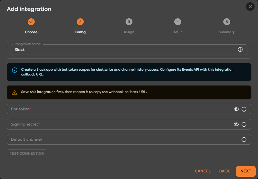 The Slack integration configuration fields for bot token, signing secret, and default channel