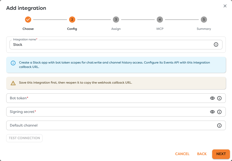 The Slack integration configuration fields for bot token, signing secret, and default channel