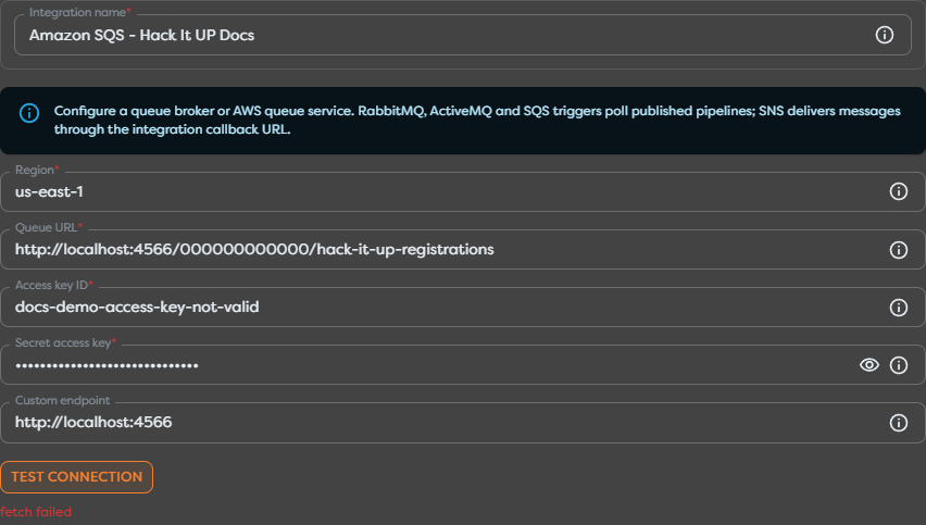 A failed Amazon SQS connection test with the configured region, queue URL, and custom endpoint