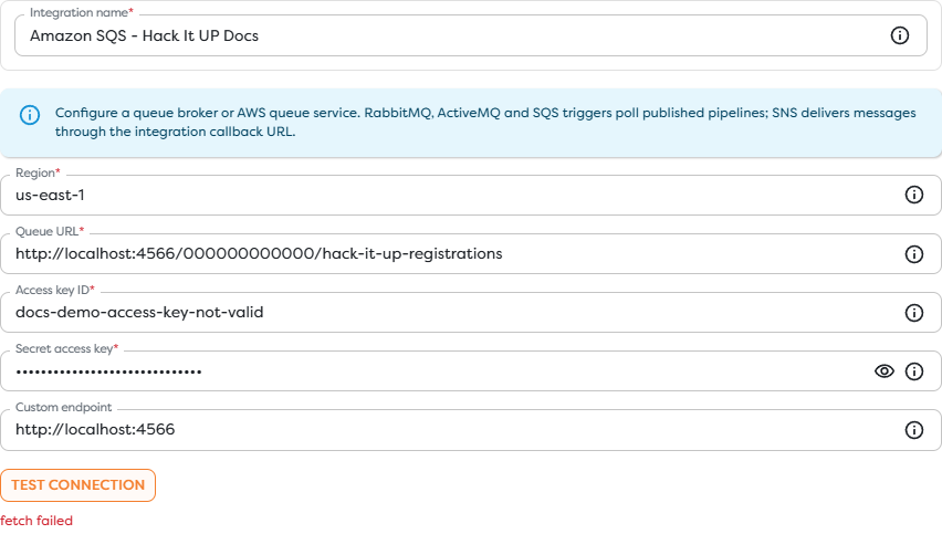 A failed Amazon SQS connection test with the configured region, queue URL, and custom endpoint