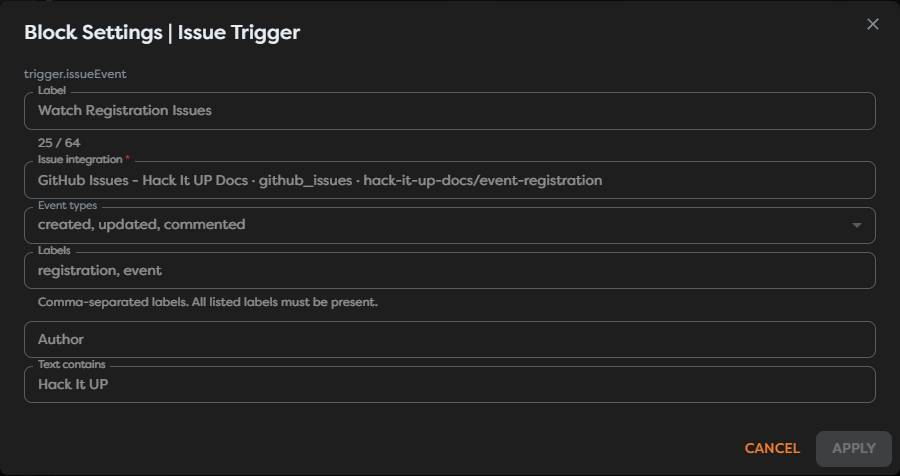 Issue Trigger configured for GitHub issue creation, updates, and comments with label and text filters