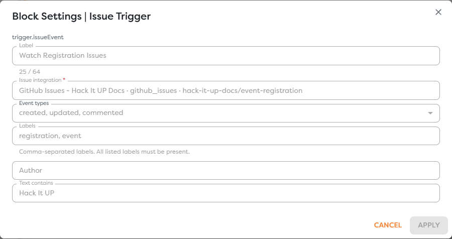 Issue Trigger configured for GitHub issue creation, updates, and comments with label and text filters