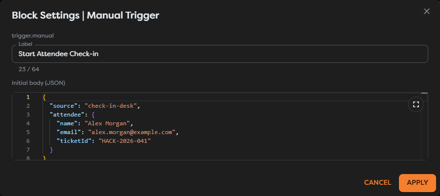 A Manual Trigger configured with an initial attendee check-in body