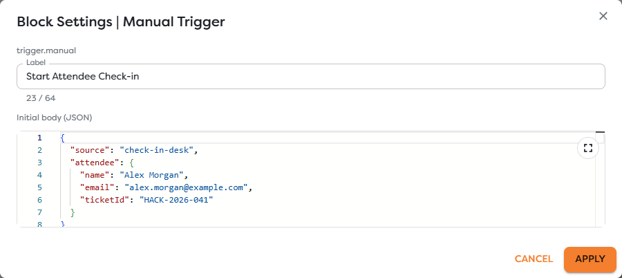A Manual Trigger configured with an initial attendee check-in body