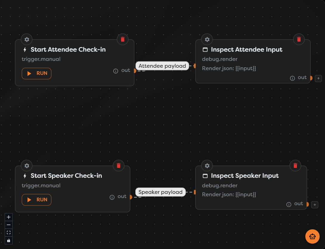 Two Manual Triggers connected to separate attendee and speaker inspection paths