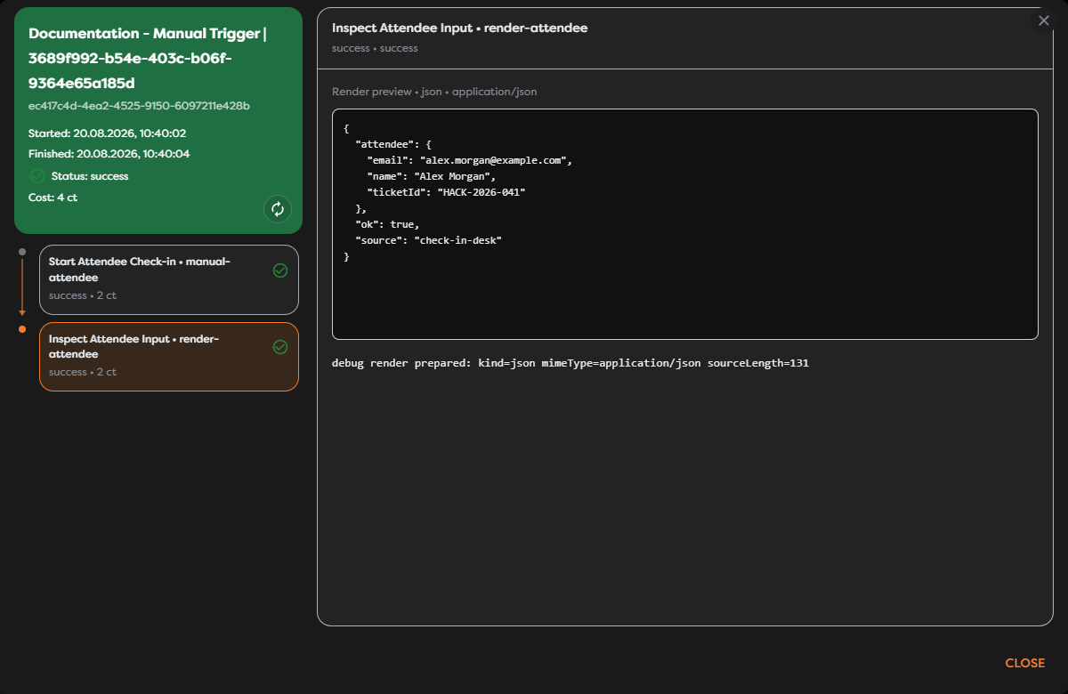 A successful manual test showing the selected trigger ID and its downstream JSON input