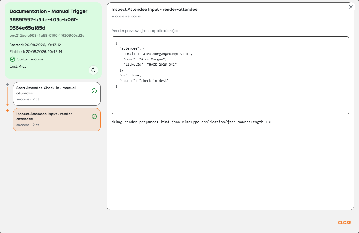 A successful manual test showing the selected trigger ID and its downstream JSON input