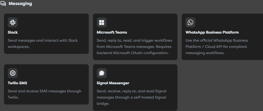 The Builders Messaging catalog with Slack, Microsoft Teams, WhatsApp, Twilio SMS, and Signal
