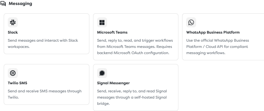 The Builders Messaging catalog with Slack, Microsoft Teams, WhatsApp, Twilio SMS, and Signal