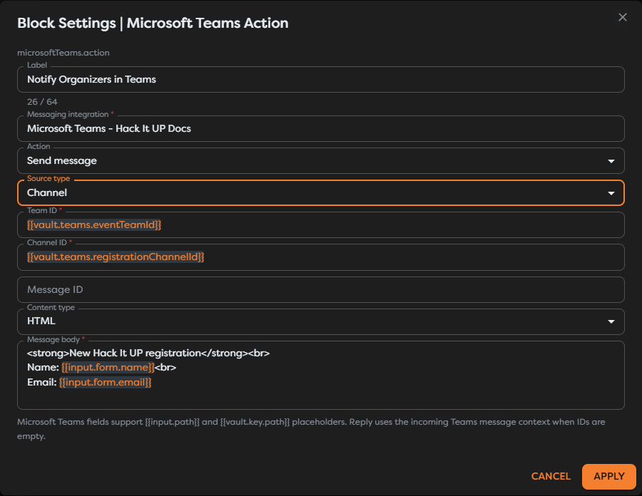 Microsoft Teams Action configured to notify an event channel