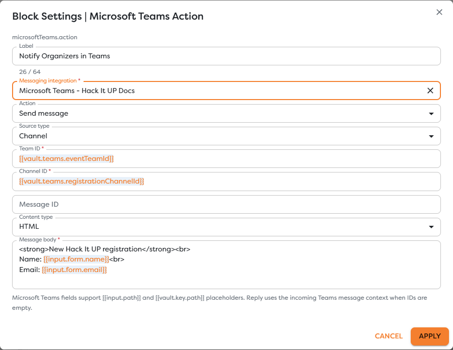 Microsoft Teams Action configured to notify an event channel
